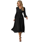 Women's Pleated Wrap Midi Dress with Waist Belt and V-Neck Fashion Glam