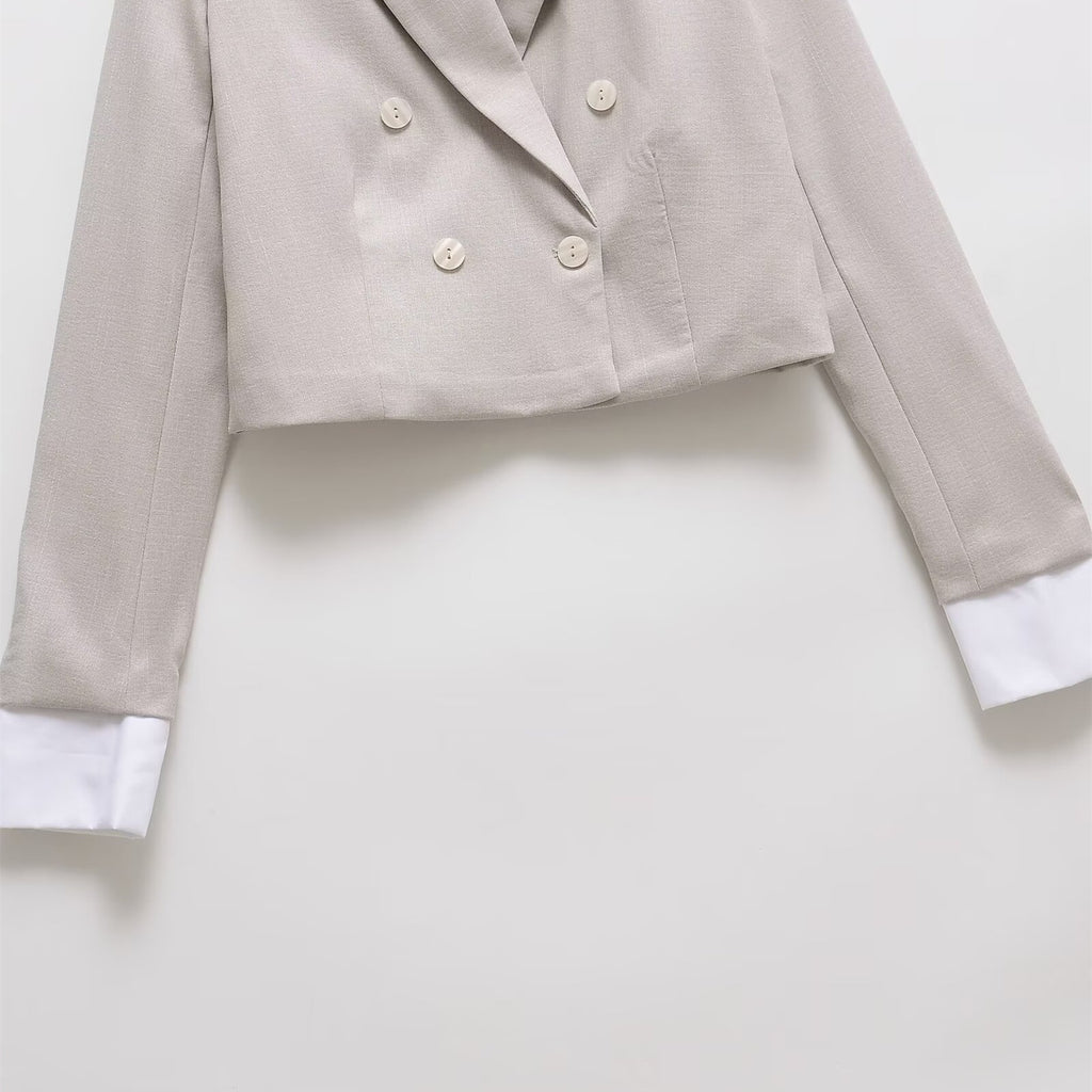 Women Cropped Double-Breasted Blazer with Lapel Collar Fashion Glam