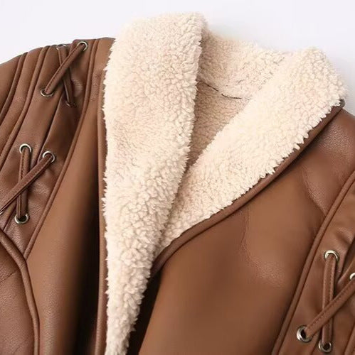 Women's Short Faux Leather Jacket with Teddy Lining, Shawl Collar and Waist Belt Fashion Glam