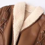 Women's Short Faux Leather Jacket with Teddy Lining, Shawl Collar and Waist Belt Fashion Glam
