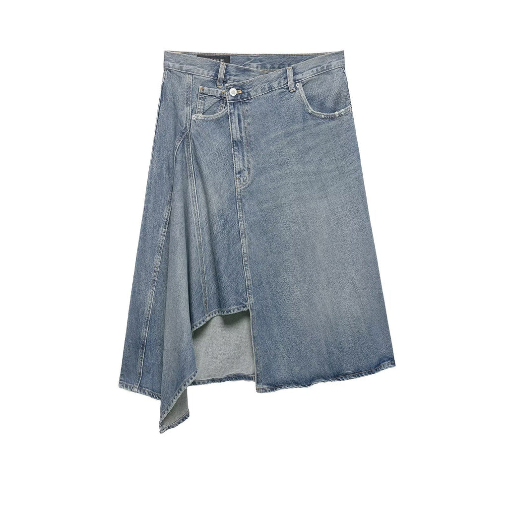 Women's Asymmetrical Denim Wrap Skirt with Inserts and Pockets Fashion Glam