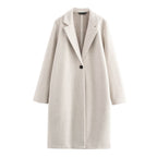 Ladies Purist longline coat with lapel collar, single button closure and soft felt finish Fashion Glam