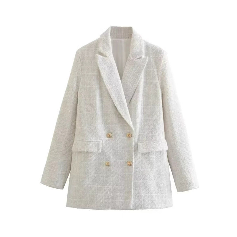 Women's Double-Breasted Boucle Tweed Blazer with Shawl Collar and Flap Pockets Fashion Glam