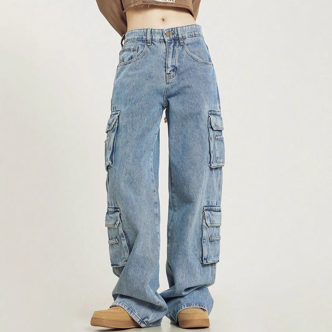 Women's Loose Cargo Denim Jeans with Multiple Flap Pockets and Relaxed Fit Fashion Glam