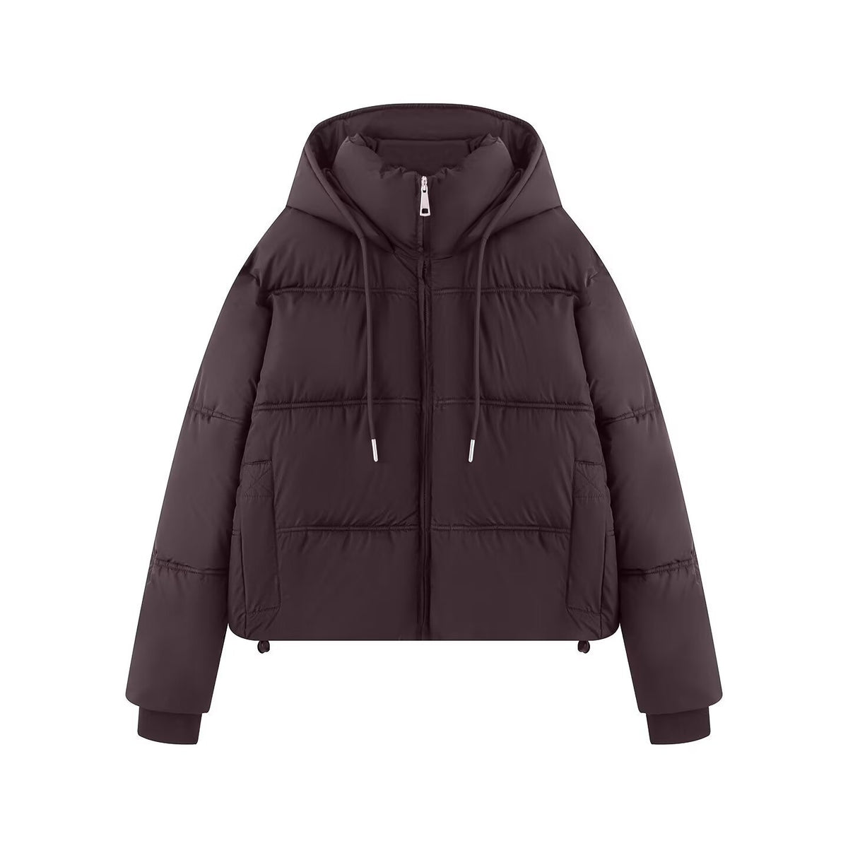 Women's Cropped Padded Jacket with High Hood, Drawstring and Ribbed Cuffs Fashion Glam