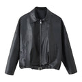 Unisex Oversize Faux Leather Jacket with Zip Shirt Collar and Waist Belt Fashion Glam