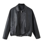 Unisex Oversize Faux Leather Jacket with Zip Shirt Collar and Waist Belt Fashion Glam