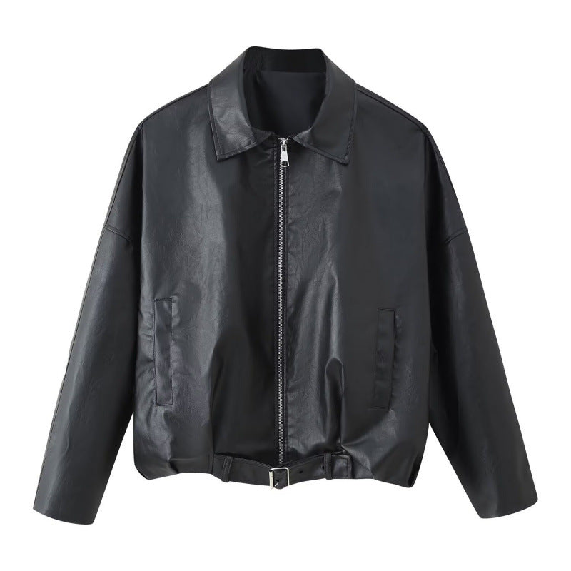 Unisex Oversize Faux Leather Jacket with Zip Shirt Collar and Waist Belt Fashion Glam