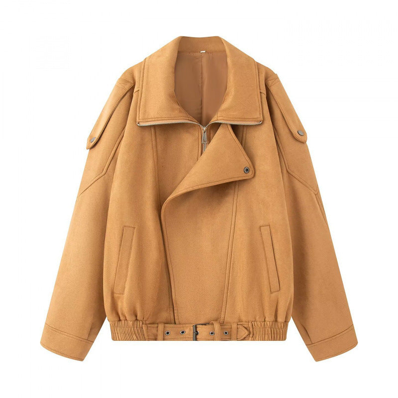 Women Oversize Bomber Jacket with Wide Lapel Collar, Waist Belt and Shoulder Epaulettes Fashion Glam