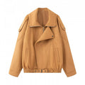 Women Oversize Bomber Jacket with Wide Lapel Collar, Waist Belt and Shoulder Epaulettes Fashion Glam