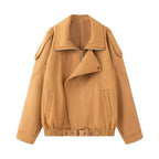 Women Oversize Bomber Jacket with Wide Lapel Collar, Waist Belt and Shoulder Epaulettes Fashion Glam