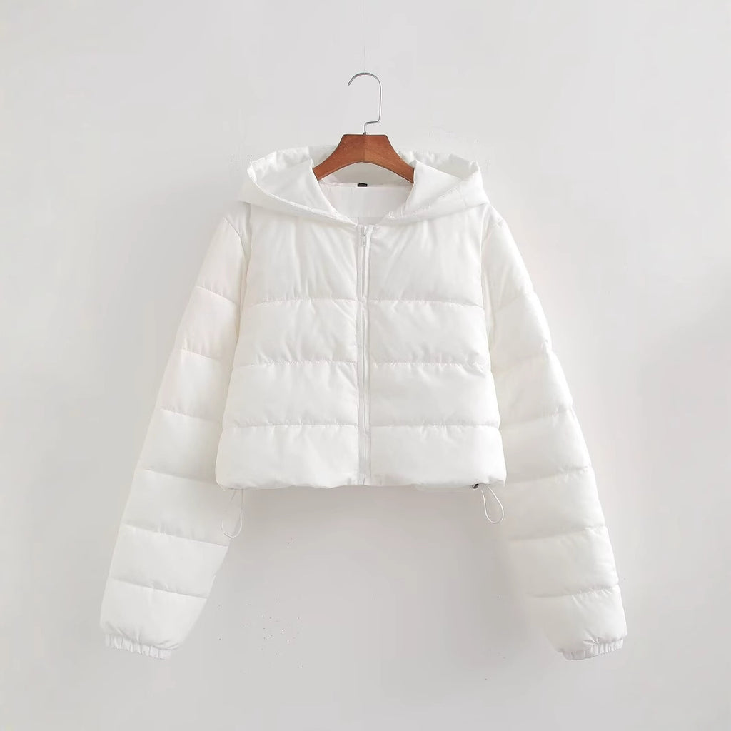 Women Short Quilted Hooded Puffer Jacket with Drawstring and Zipper Fashion Glam