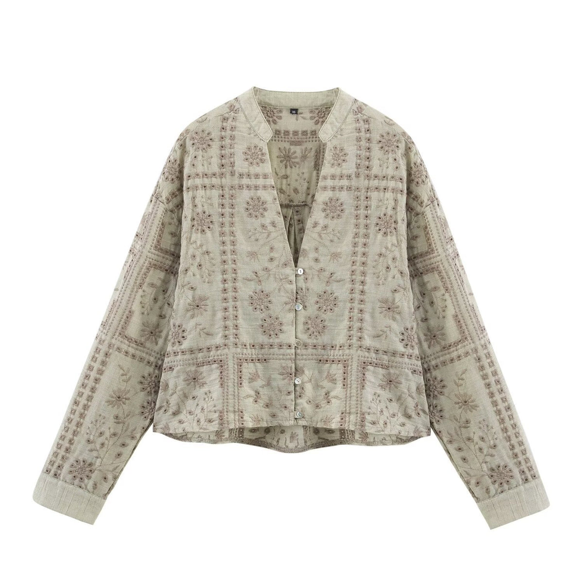Ladies Embroidered V-Neck Boxy Blouse Jacket with Patchwork Embroidery Fashion Glam