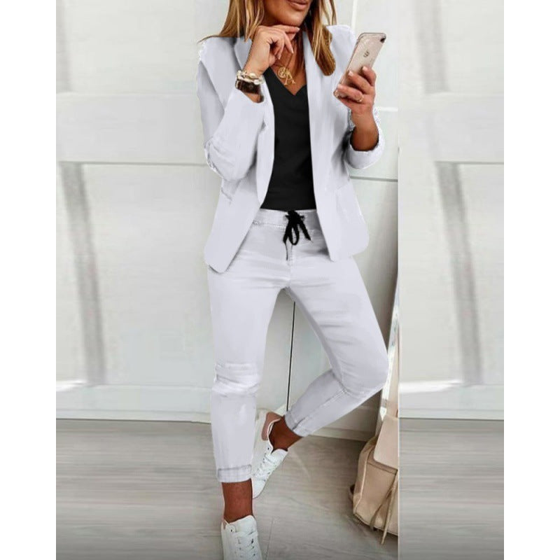 Women's Two-Piece Stretch Jersey Blazer Set with Drawstring Jogging Pants Fashion Glam