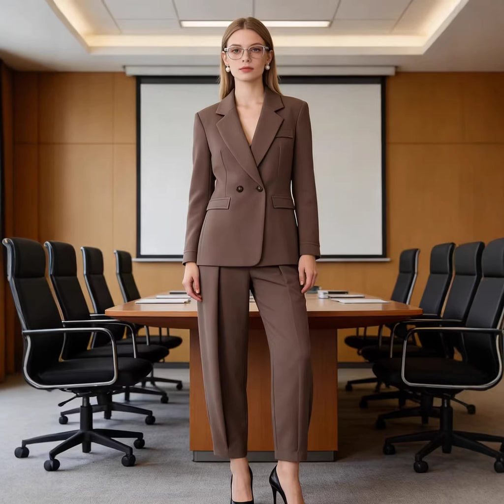 Women's Two-Piece Suit Set with Tailored Double-Breasted Blazer and High-Waisted Pleated Trousers Fashion Glam