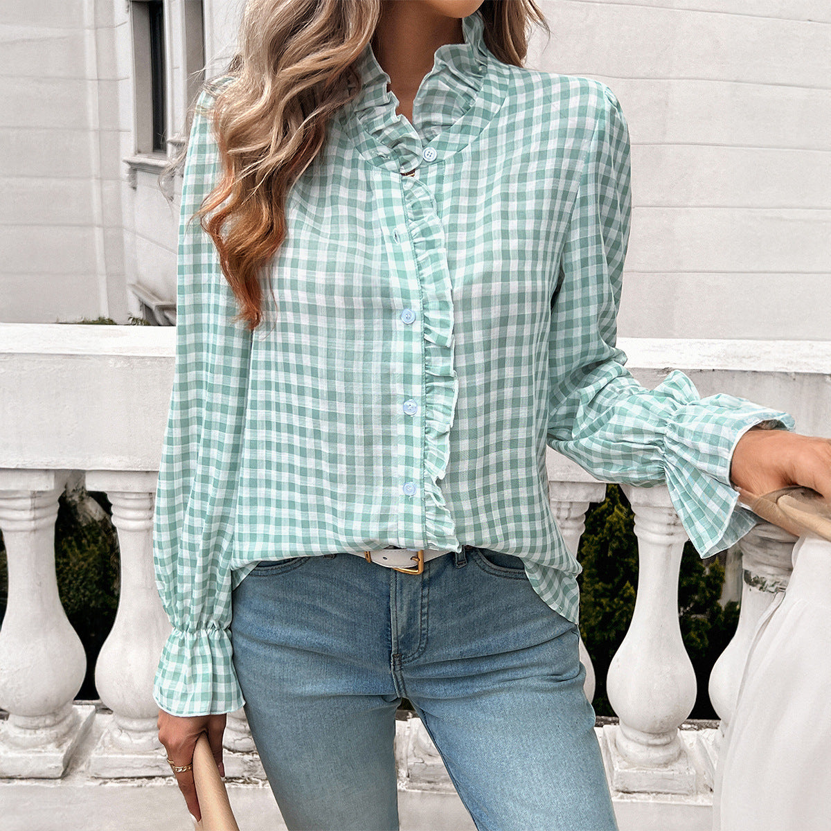 Women's checked blouse with ruffle details and button placket Fashion Glam