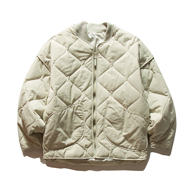 Unisex Lightweight Boxy Puffer Jacket with distinctive diamond quilting, front round pockets, and ribbed collar Fashion Glam