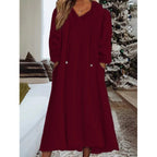 Ladies maxi dress made of teddy fleece with hood, V-neck and side pockets Fashion Glam
