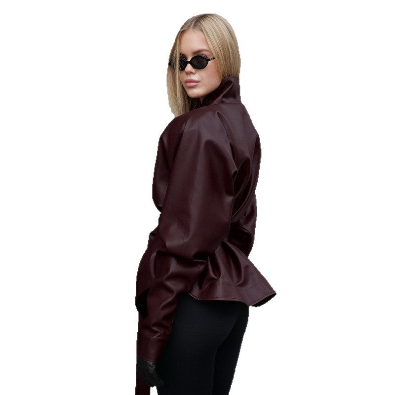 Women's leather look jacket with fitted belt and high stand-up collar Fashion Glam