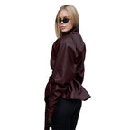 Women's leather look jacket with fitted belt and high stand-up collar Fashion Glam