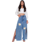 Women's high-cut jeans with wide leg, knee rips, and side leg slits Fashion Glam