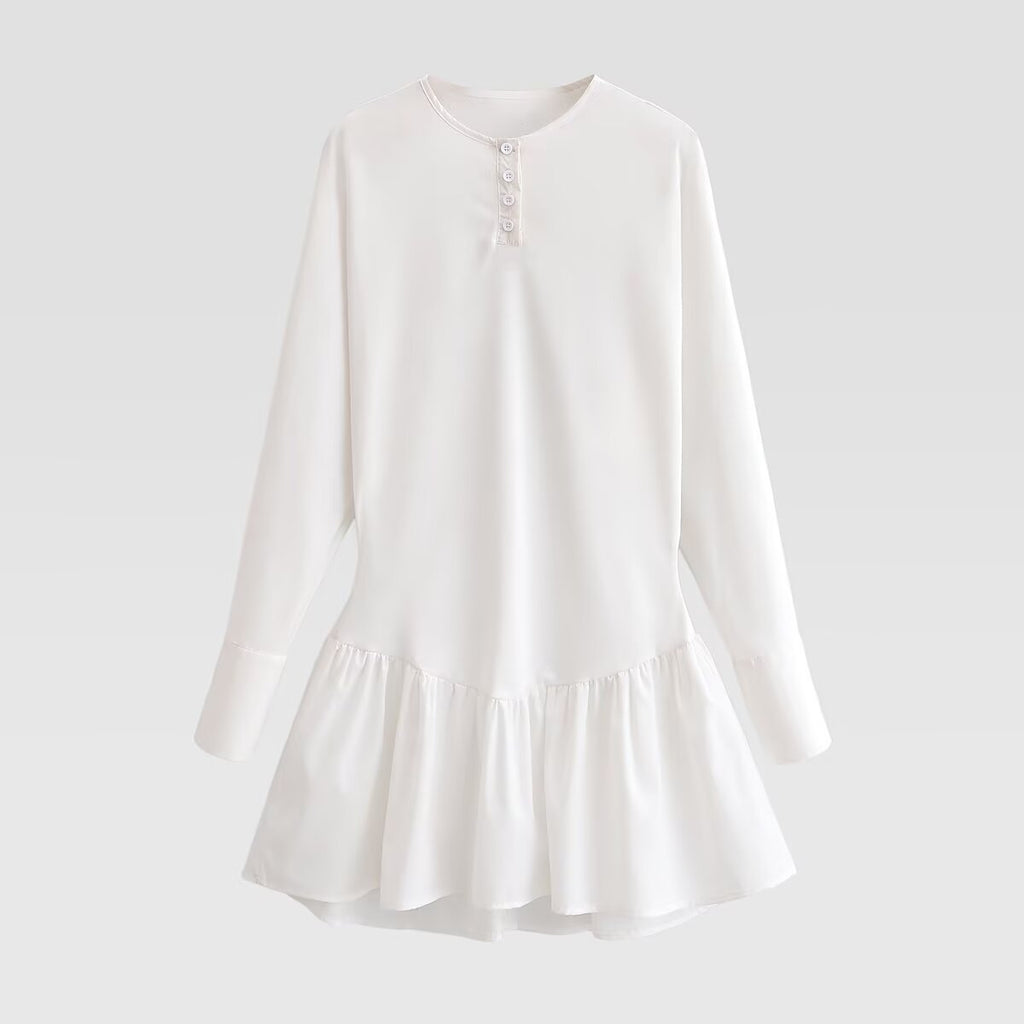 Women Loose Long Sleeve Tunic Dress with Henley Button Placket and Tiered Skirt Fashion Glam
