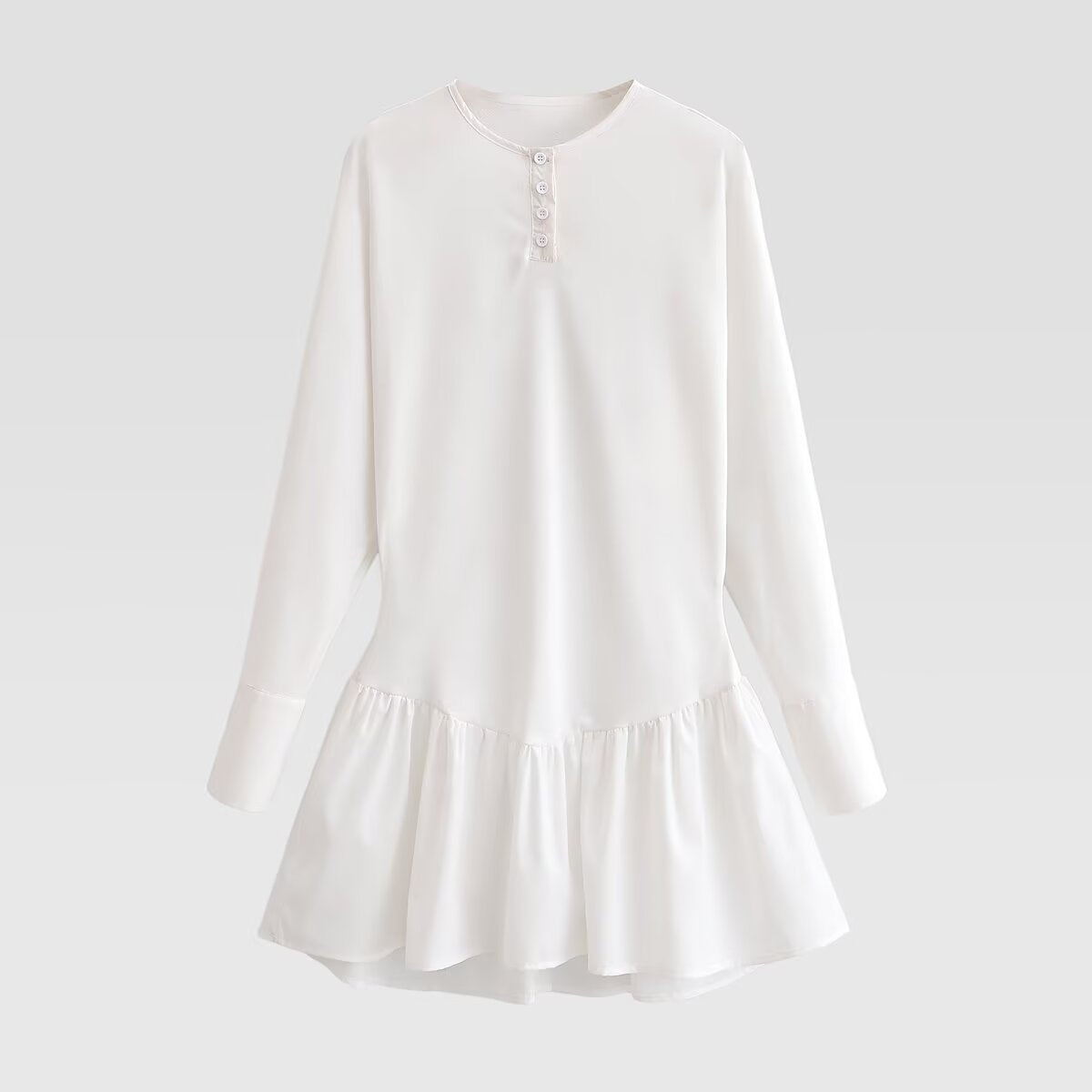 Women Loose Long Sleeve Tunic Dress with Henley Button Placket and Tiered Skirt Fashion Glam