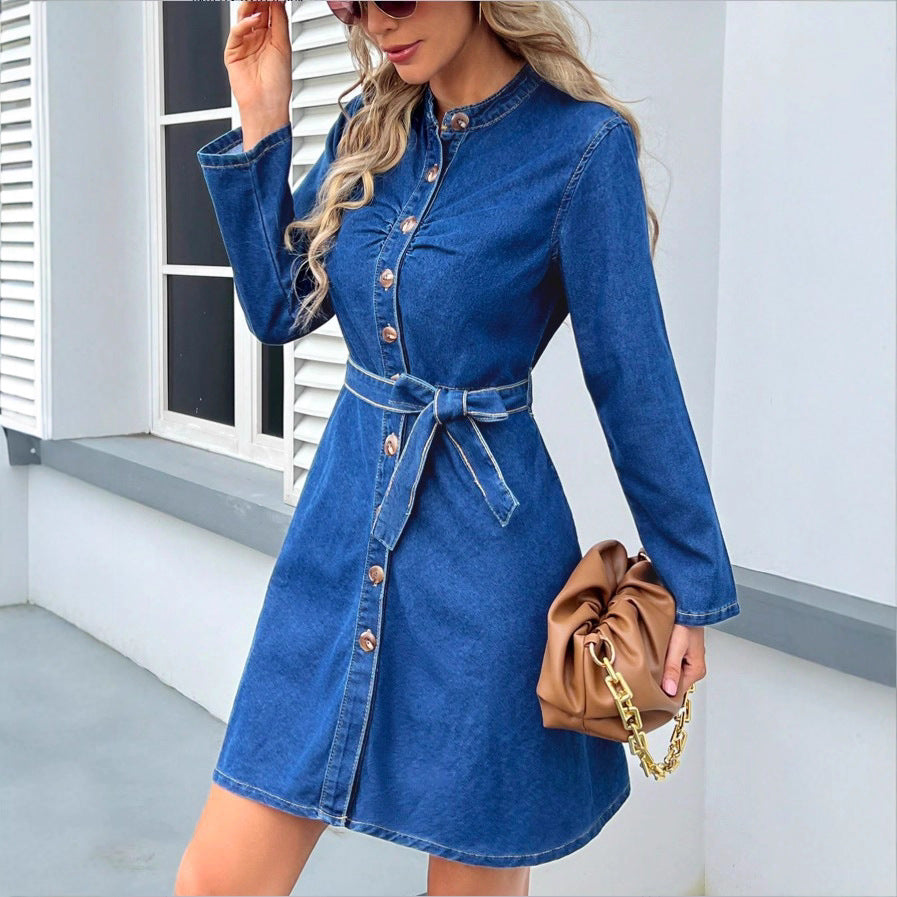 Women's Tailored Denim Dress with Button Placket and Tie Belt Fashion Glam
