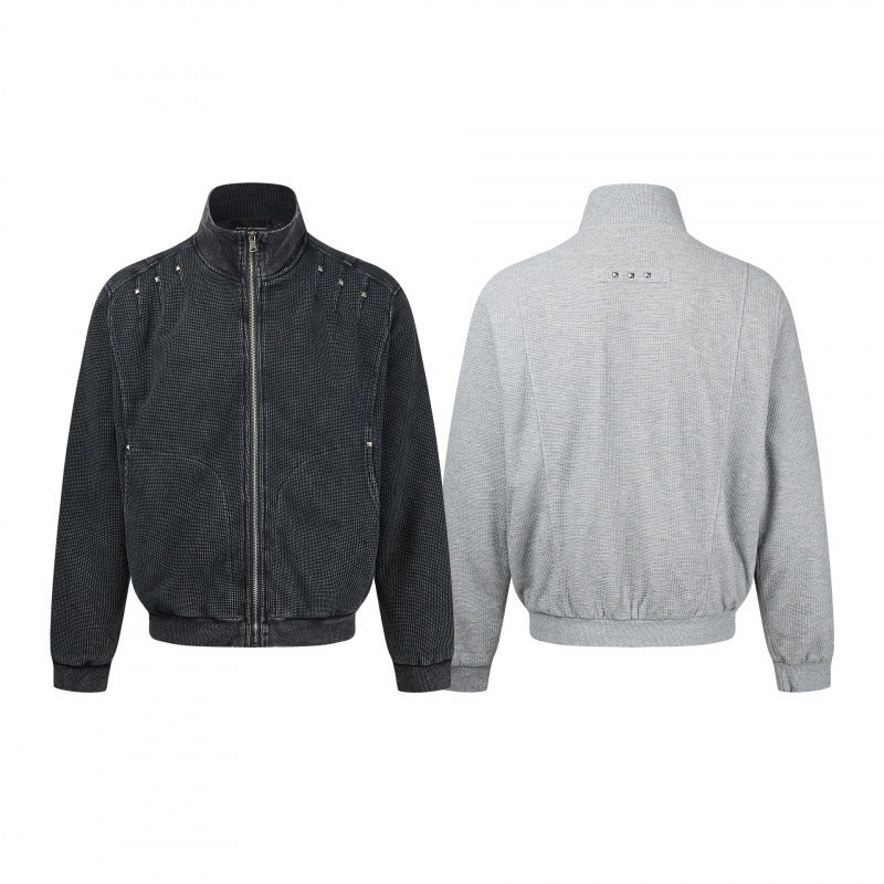 Unisex Chunky Knit Zip Bomber Jacket with Stand-up Collar, Stud Detail and Zip Pockets Fashion Glam