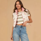 Ladies short quilted vest with floral pattern, stand-up collar and drawstring hem Fashion Glam