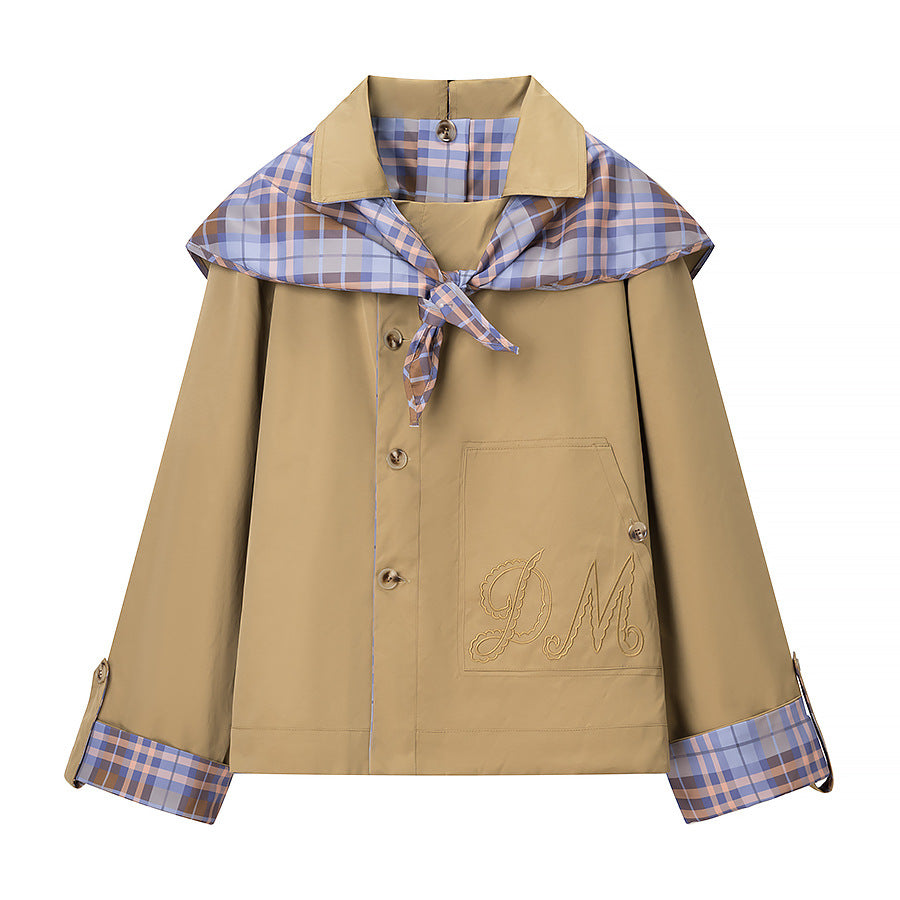 Women's short jacket in trench-cape mix with checked shawl collar bow Fashion Glam