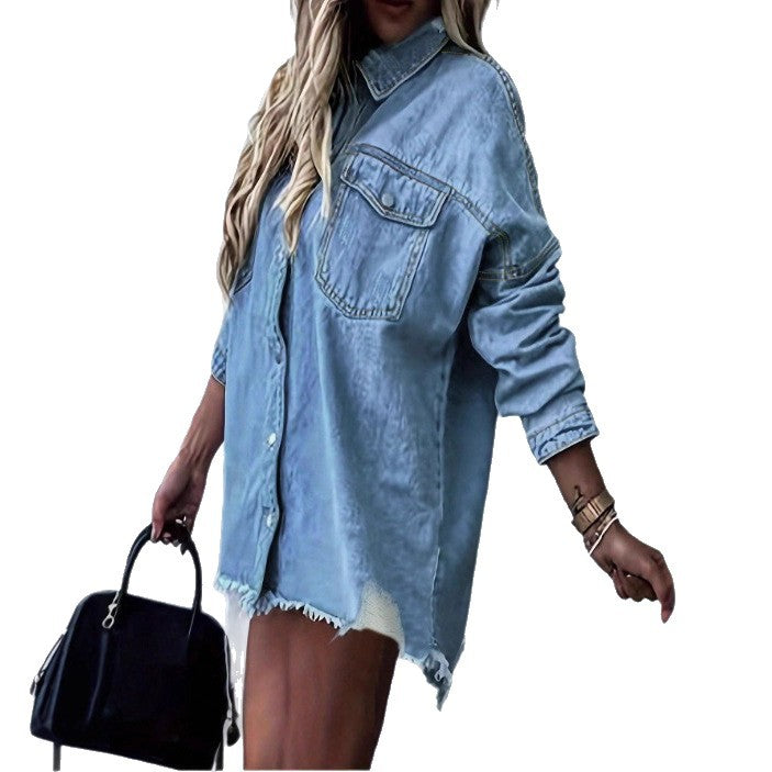 Women's Oversize Denim Shirt Jacket with Fringe Hem, Chest Pockets and Destroyed Detail Fashion Glam