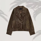 Women’s short-cut suede bomber jacket with luxurious fur collar Fashion Glam