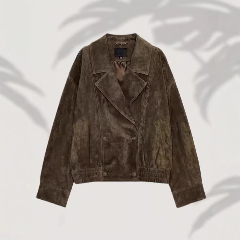 Women’s short-cut suede bomber jacket with luxurious fur collar Fashion Glam