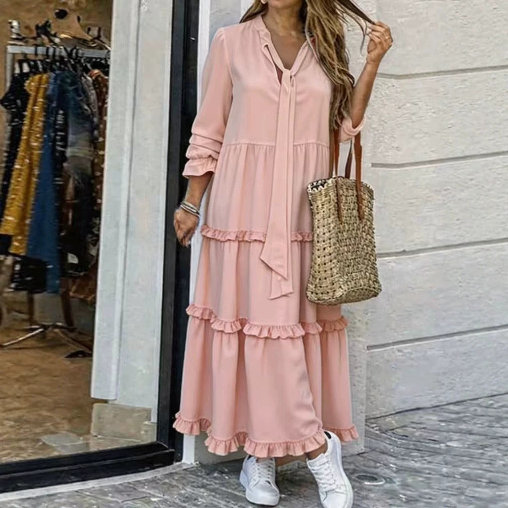 Women's Long Tiered Ruffle Maxi Dress with Tied Scarf and V-Neck Fashion Glam