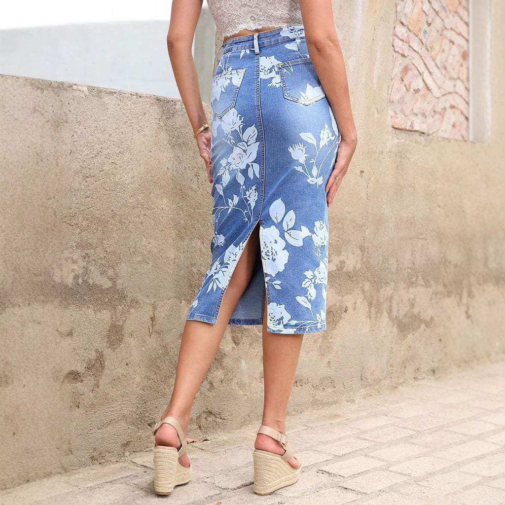 Women's high-waisted floral denim pencil skirt (Midi) Fashion Glam