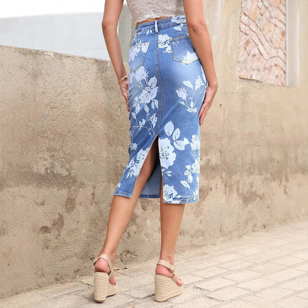Women's high-waisted floral denim pencil skirt (Midi) Fashion Glam