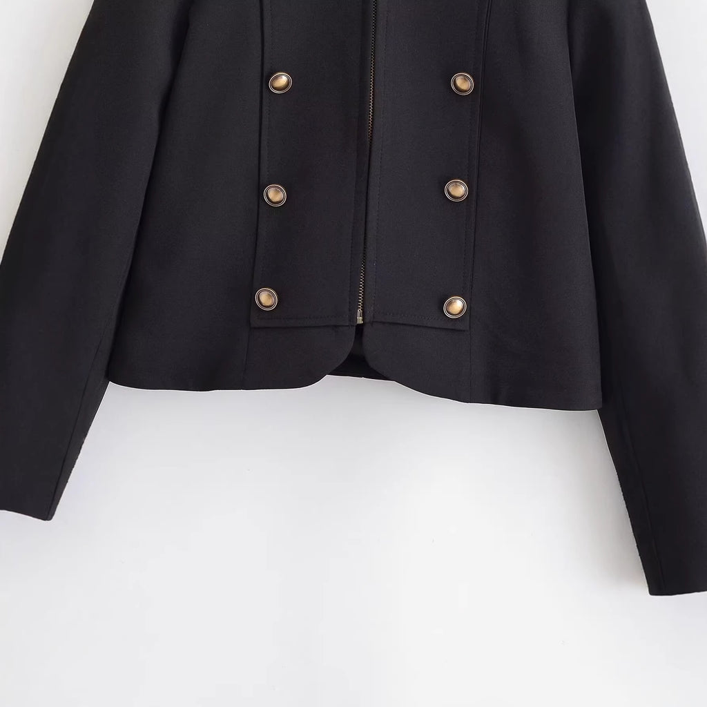 Ladies fitted short jacket in military style with decorative double-button placket, zipper, and shoulder epaulettes Fashion Glam