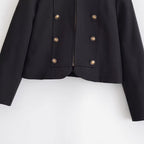 Ladies fitted short jacket in military style with decorative double-button placket, zipper, and shoulder epaulettes Fashion Glam