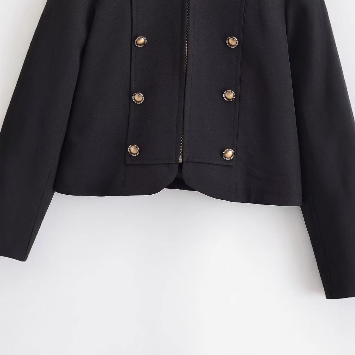 Ladies fitted short jacket in military style with decorative double-button placket, zipper, and shoulder epaulettes Fashion Glam