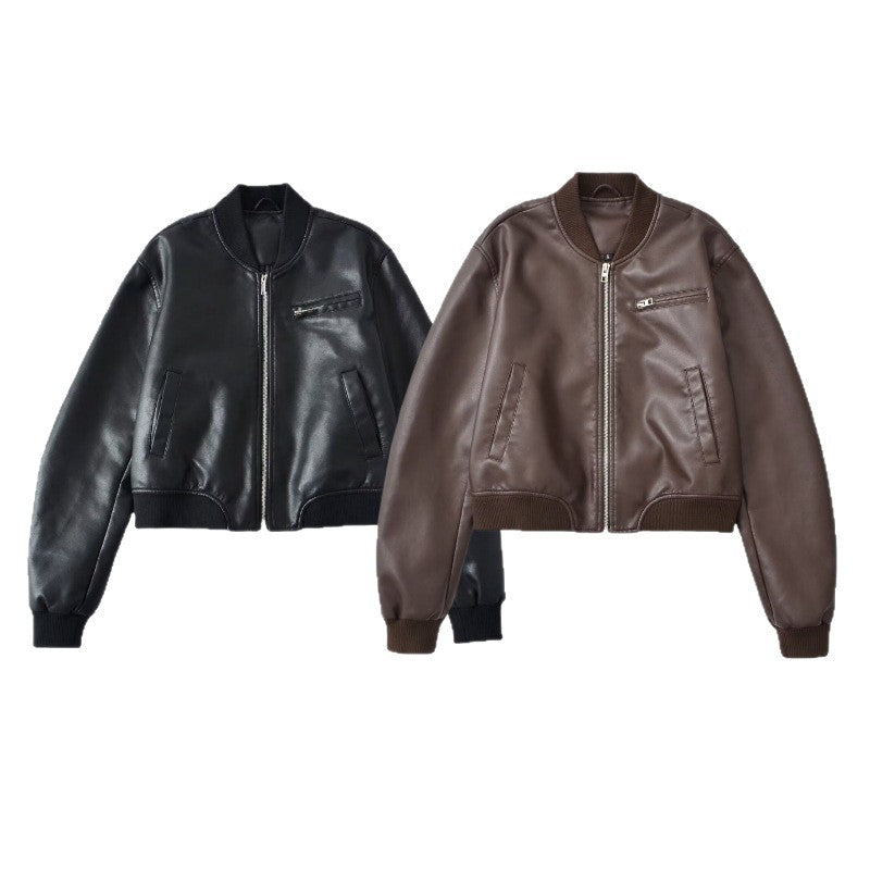 Women Short Leather Look Bomber Jacket with Ribbed Cuffs and Chest Zipper Pocket Fashion Glam