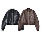 Women Short Leather Look Bomber Jacket with Ribbed Cuffs and Chest Zipper Pocket Fashion Glam