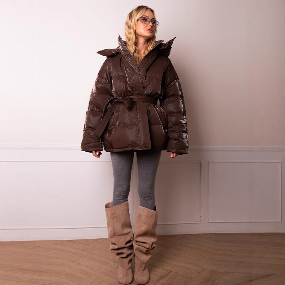Women's Padded Down Jacket with Hood and Waist Belt Fashion Glam