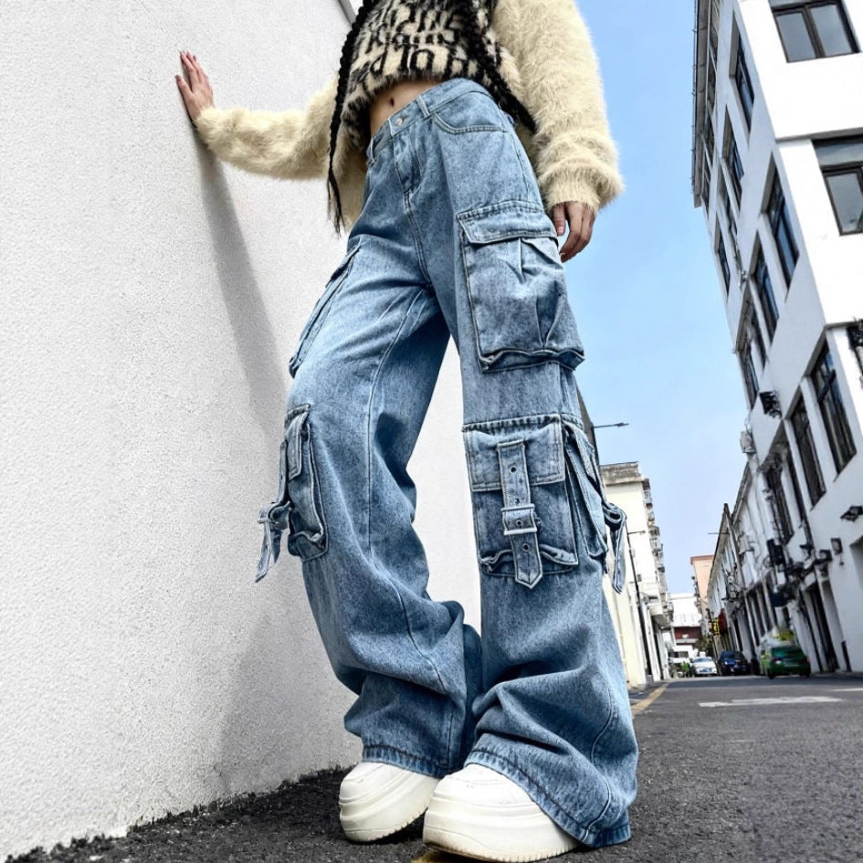 Women's Wide Cargo Jeans with Multiple Patch Pockets and Utility Details Fashion Glam