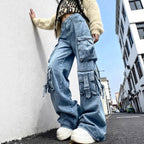 Women's Wide Cargo Jeans with Multiple Patch Pockets and Utility Details Fashion Glam