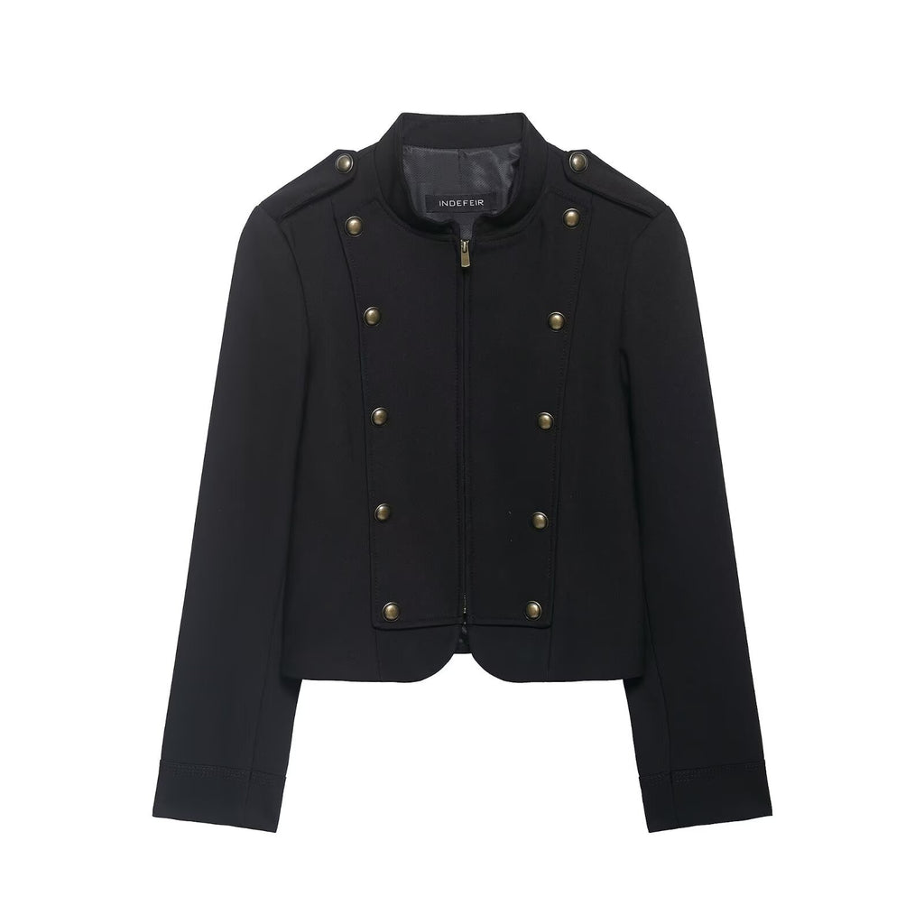 Women's short blazer in military style with stand-up collar and decorative buttons Fashion Glam