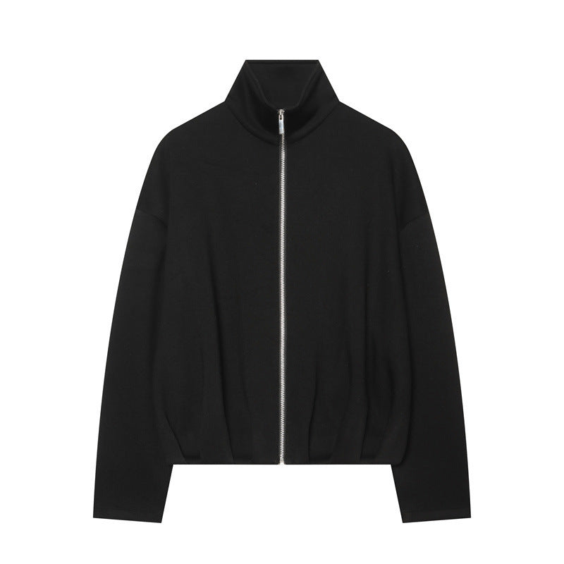 Women Boxy Cropped Stand Collar Cardigan with Full Zip and Dropped Shoulder Fashion Glam