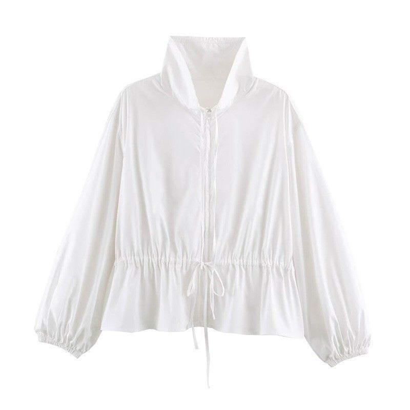 Women's lightweight adjustable windbreaker with stand-up collar, drawstring, and balloon sleeves Fashion Glam