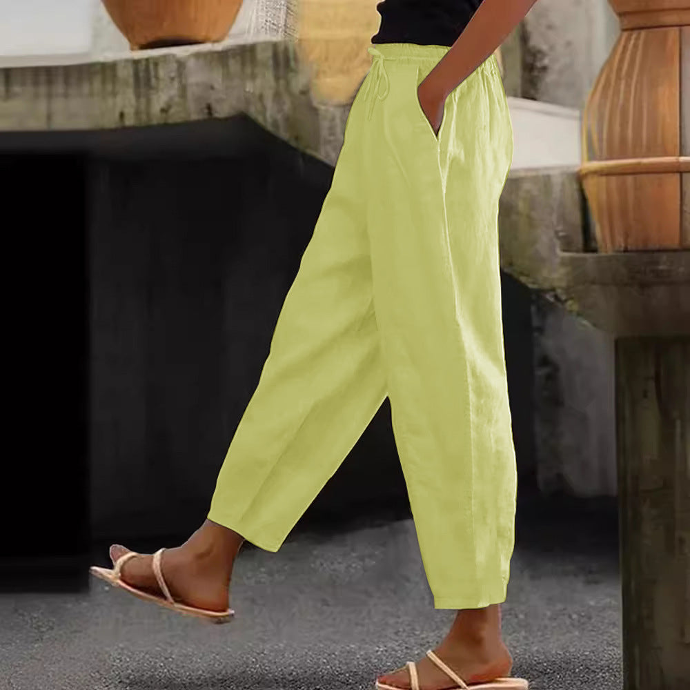 Women's Linen Blend Cropped Pants with Elastic Waistband, Drawstring and Side Pockets Fashion Glam