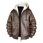 Men's leather bomber jacket with teddy lining and hood Fashion Glam